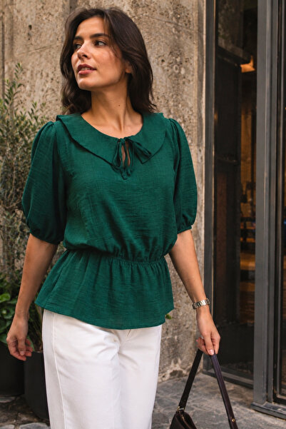 armonika Women's Dark Green Baby Collar Blouse with Elastic Waist and Sleeves...