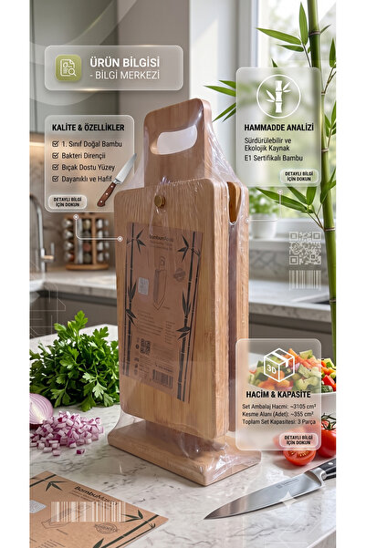 RİVO HOME DECOR 3-Piece Natural Bamboo Cutting Board Set with Stand, Knife-Fr...