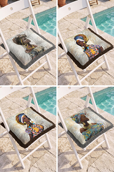 Realhomes Set of 4 Fringed Puffy Chair Cushions with African Woman Portrait F...
