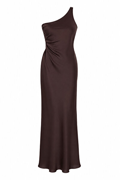 HAZELANNA One-Shoulder Back Detail Satin Brown Dress