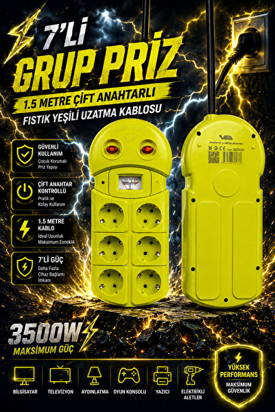 Ecuy 6'lı Grup Priz 1.5 Metre Çift Anahtarlı Akım Korumalı Uzatma Kablosu 16A...