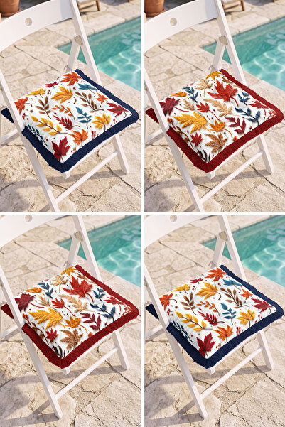 Realhomes Colorful 4-Piece Fringed Puffy Chair Cushion Set with Autumn Leaves...