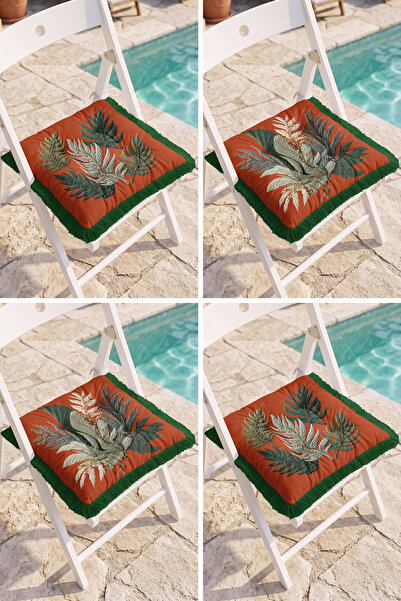 Realhomes Tropical Leaf Patterned Tile Floor 4-Piece Fringed Pouf Chair Cushi...