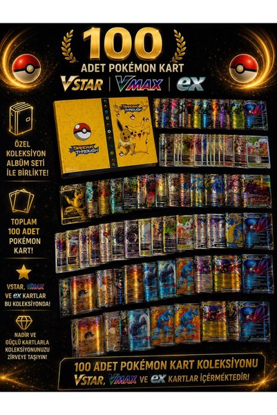 Abetto Market Pokemon Oyun Kartı 100 Adet Vstar, Vmax, Ve Ex Ve Kart Koruma v...
