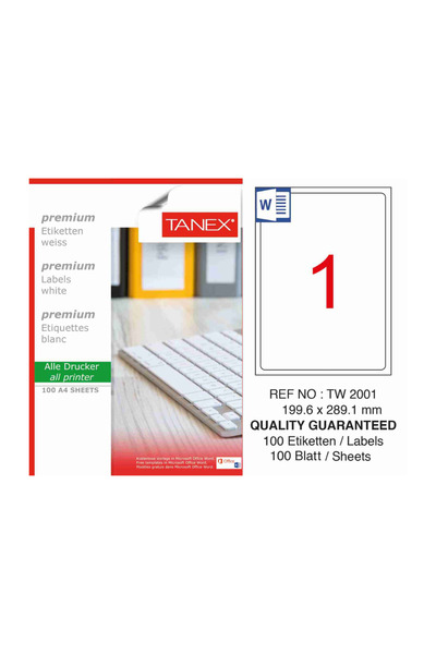 Tanex Self-Adhesive White Labels, Repositionable, 1/A4, 199.6X289.1Mm, 25 She...