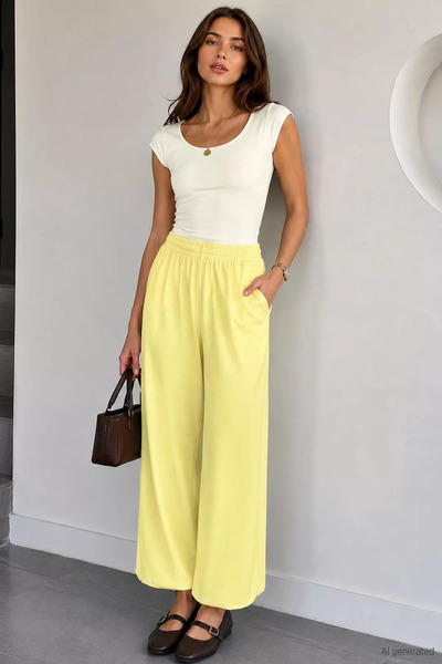 Aryena Yellow Women's Shalwar Model Trousers with Elastic Waist and Cuffs