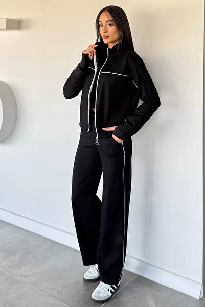 Aryena Black Women's Ruffled Front Zippered Elastic Waist Tracksuit Set