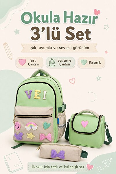 GİYU SHOP 4'lü Set, Su Geçirmez Kumaş Kız Çocuk Desenli Ilkokul Okul Çantası ...