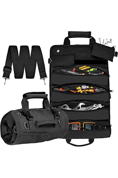 Tazweeq Heavy Duty Tool Roll Bag, Large Capacity Roll Up Tool Bag with 4 Comp...
