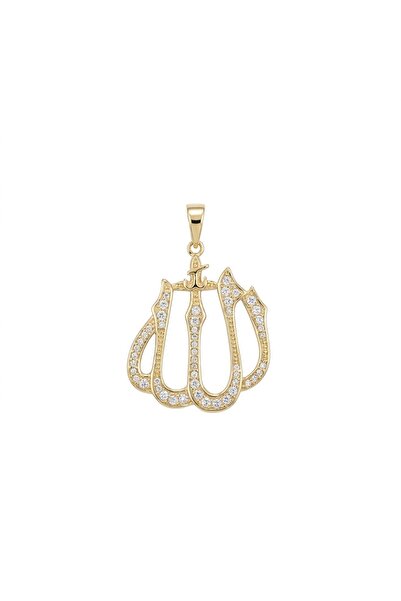 Zeino Allah Yazılı Zirkon Taşlı Kolye Ucu - 14k Altın Kaplama - 23 x 33 mm