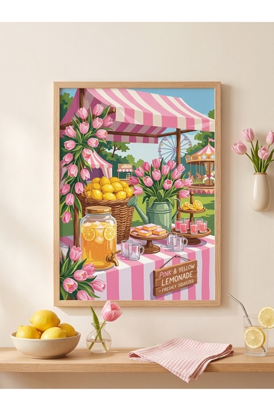 DEKORASOR Ahşap Çerçeveli Limonata Standı Ve Pembe Lale Tablosu Lunapark Tema...