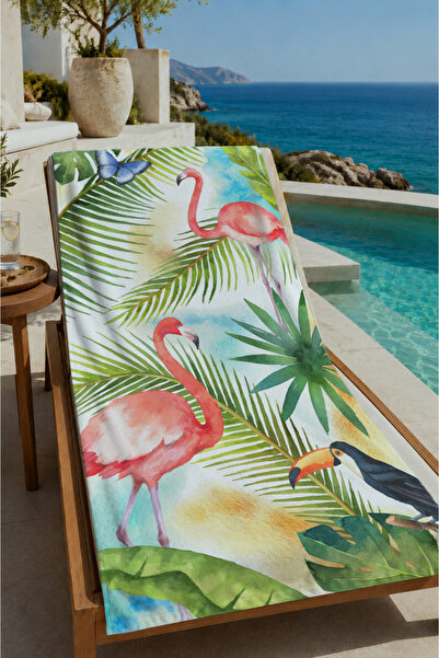 Evmila Green Tropical Leaf and Flamingo Patterned 70X150 Beach Towel - Cotton...
