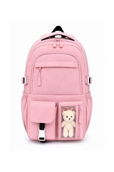 Bambus Kawaii Kore Tarzı Aksesuarlı Ortopedik Yerli Günlük Okul Çantası Pembe