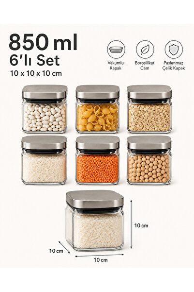 Karçiçeği Home 6’lı 850 ml Kare Borosilikat Cam Kavanoz Seti – Vakumlu Çelik Kapaklı - 8472-1