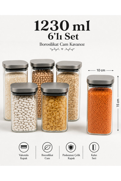 Karçiçeği Home 6’lı 1230 ml Kare Borosilikat Cam Kavanoz Seti – Vakumlu Çelik Kapaklı - 8471-1