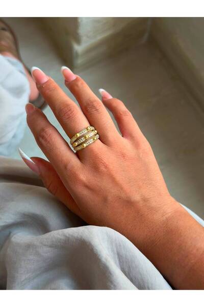 ANKA JEWELLRY Steel Women's Ring – Gold Color with Multiple Rows of Stones, E...