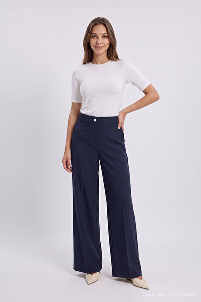 Zühre High Waisted Loose Fit Navy Blue Trousers 0287