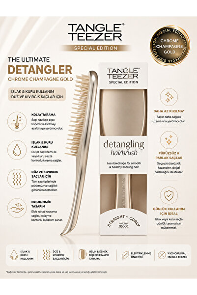 Tangle Teezer Chrome Champagne Gold Ultimate – Düz & Kıvırcık Saçlar İçin Naz...