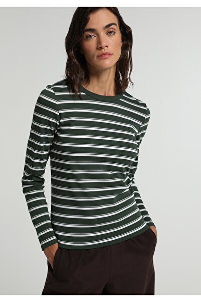 Colin's Slim Fit Round Neck Striped Women's Green Long Sleeve T-Shirt