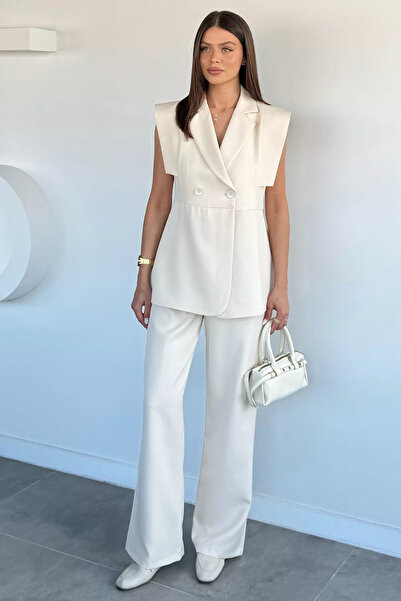 Aryena Cream Women's Double-Breasted Collared Jacket and Elastic Waist Pants ...