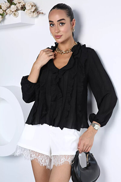Aryena Black V-Neck Ruffle Blouse