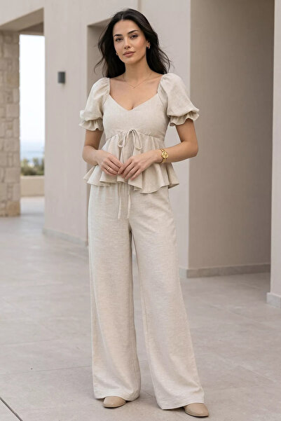 Aryena Stone Women's V-Neck Blouse Pants Double Set