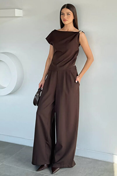 Aryena Brown Women's Elastic Waist Pants and Gold Detailed Blouse Double Set