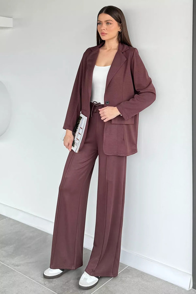 Aryena Açıkkahve Women's Single Button Jacket and Elastic Waist Trousers Two-...