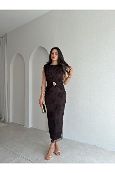 Mooi Butik Motty Glitter Patterned Midi Dress 3601 - Bitter Brown