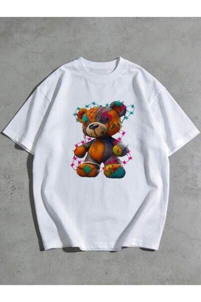 23ERVA 1pc Womens Patchwork Bear TshirtCotton 180gsm.Printed Tee.Unisex Crewn...
