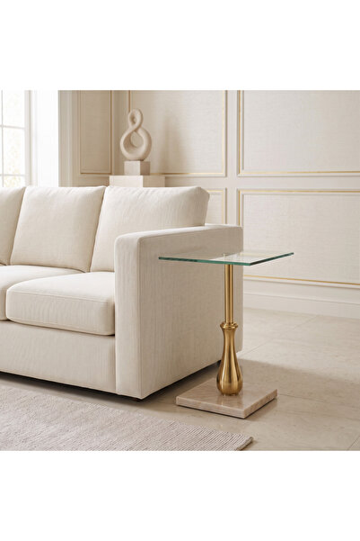 Ebticar Elegant Marble Design Gold Metal Base Square Glass Top Side Table