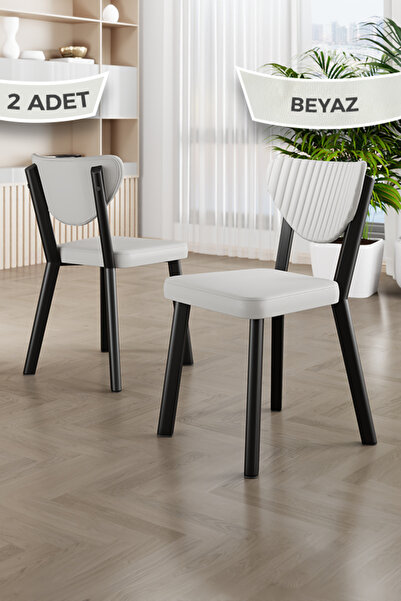 Canisa Fubi Serisi 2 Adet Beyaz Deri Mutfak, Cafe, Restaurant Sandalyesi Siya...
