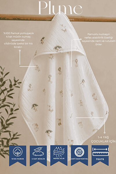 Plume Ceramic Home 100% Cotton Duck Printed 4 Layer Muslin Swaddle - 75X75Cm