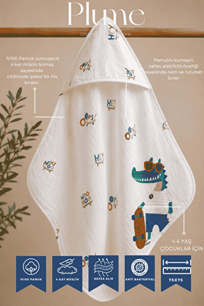 Plume Ceramic Home PlumeHome Bebek Dinozor Baskılı 4 Kat %100 Pamuk Müslin Ku...