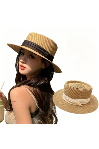 STARSTAR Women's straw flat-top hat foldable summer beach.