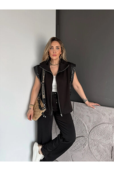 MetuCA Women's Black Poplin Detailed Zippered Vest Cotton Modal Double Sports...