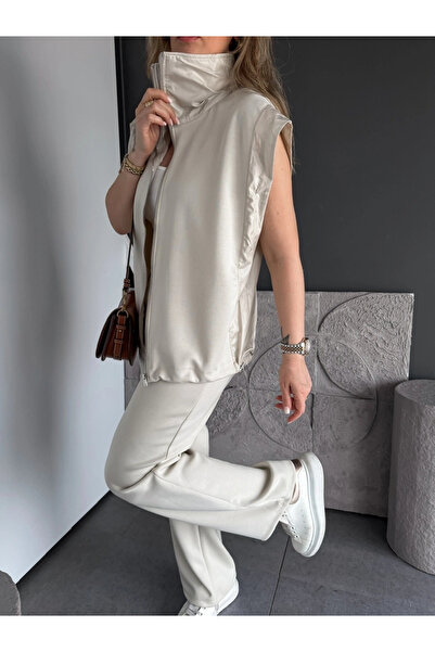 MetuCA Women's Cream Poplin Detailed Zippered Vest Cotton Modal Double Sports...