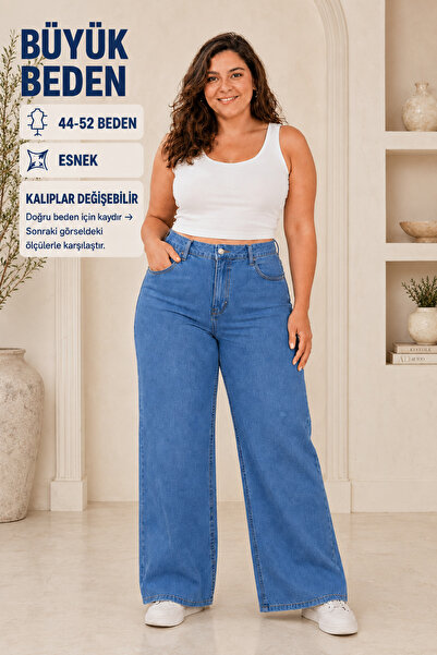FİVA JEANS Women's Plus Size 44-52 Wide Leg High Waist Lycra Denim Pants Jeans