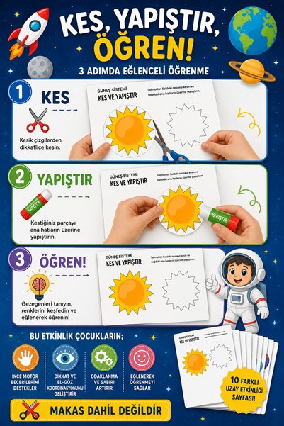 Organik Yolda Güneş Sistemi Kes Yapıştır Etkinliği | Çocuklar İçin Eğitici Uzay Etkinliği | 10 Sayfa Yatay A4