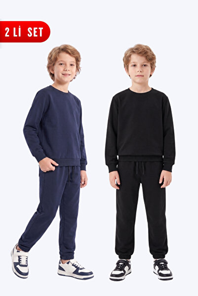FYK KİDS 2-Piece Boys' Plain Crew Neck Double Pocket Tracksuit Set
