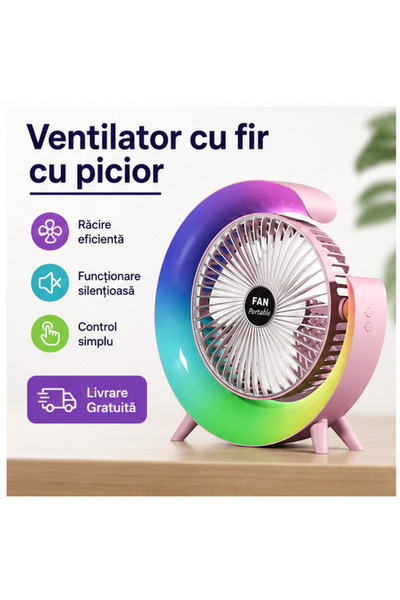OEM Mini Ventilator Portabil USB cu LED, 3 Viteze, Rotație 180°