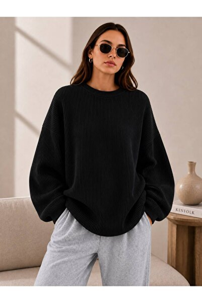 threeoff Women's Oversize Ribbed Knit Sweater Crew Neck Loose Long Sleeve Com...