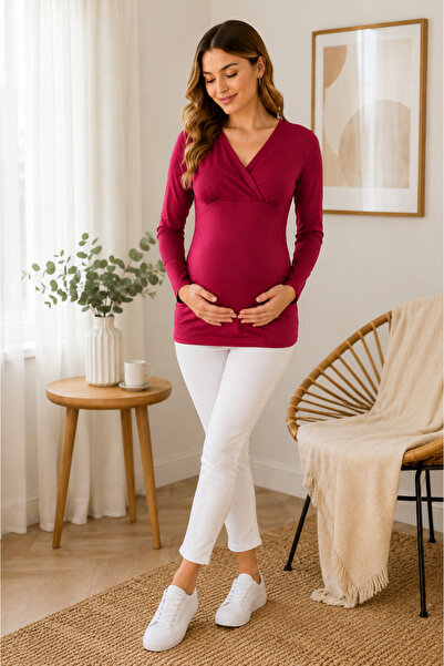 MEGHAN L.A Double-Breasted Collar Long Sleeve Viscose Blouse with Maternity &...