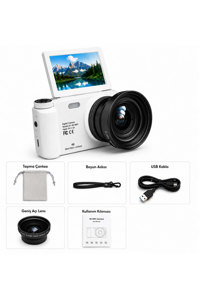 AL-TECH BİLİŞİM 4K WiFi Dijital Fotoğraf Makinesi – 0.45X Geniş Açı Lensli, Döner Ekranlı Kompakt Vlog Kamera