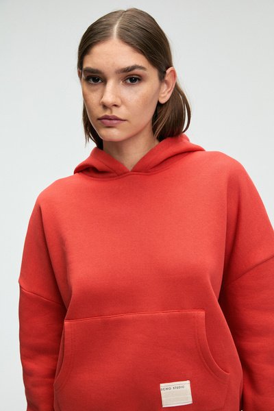 ETHIQUET Clarie women's organic cotton oversize kangaroo pocket hooded red sw...