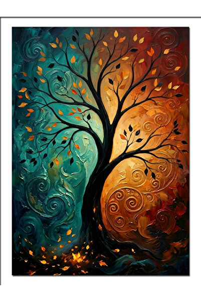 Artmeg Pânză decorativă cu copac colorat și soare portocaliu - tablou din lem...
