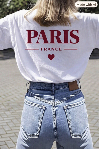Oceanwear France Paris Written Minimal Heart Printed Short Sleeve Crew Neck W...