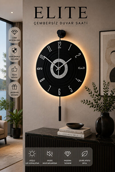 MetaQuartz Aksesuar Full Siyah - Gümüş Rakam - Kardelen 7-24 ( Kablosuz Pilli Led ) Modern Dekoratif Duvar Saati