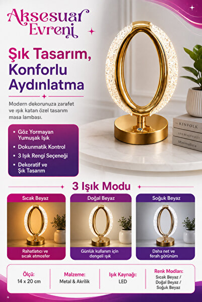 LUMINZO Kristal Şarjlı Dokunmatik Masa Lambası Abajur Gece Lambası 3 Işık Ren...