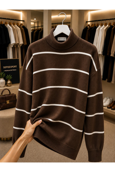 DepoExport Women's Half-Throat Striped Knitwear Sweater Oversize Loose Design